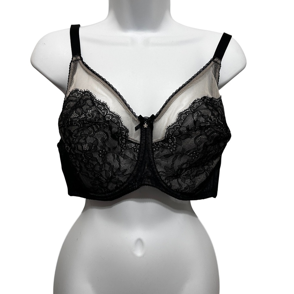 Wacoal Black Lace‎ Mesh Unlined Underwire Bra 40DD  Floral Sheer Pinup Romantic